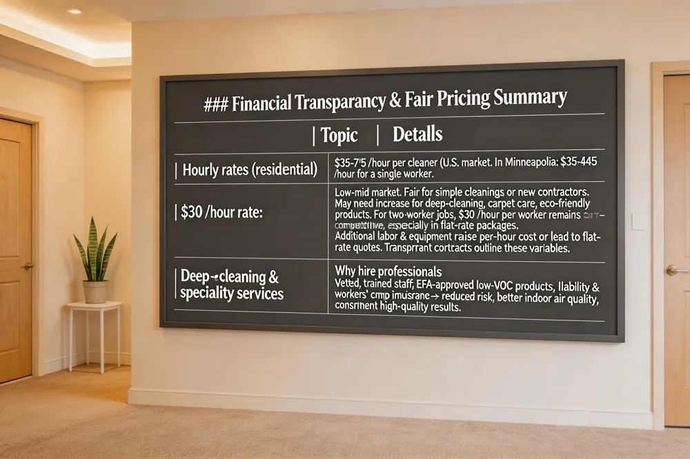 ### Financial Transparency & Fair Pricing Summary
| Topic | Details |
|---|---|
| Hourly rates (residential) | $35‑$75 / hour per cleaner (U.S. market). In Minneapolis: $35‑$45 / hour for a single worker. |
| $30 / hour rate | Low‑mid market. Fair for simple cleanings or new contractors. May need increase for deep‑cleaning, carpet care, eco‑friendly products. For two‑worker jobs, $30 / hour per worker remains competitive, especially in flat‑rate packages. |
| Deep‑cleaning & specialty services | Additional labor & equipment raise per‑hour cost or lead to flat‑rate quotes. Transparent contracts outline these variables. |
| Why hire professionals | Vetted, trained staff; EPA‑approved low‑VOC products; liability & workers’ comp insurance → reduced risk, better indoor air quality, consistent high‑quality results. |
