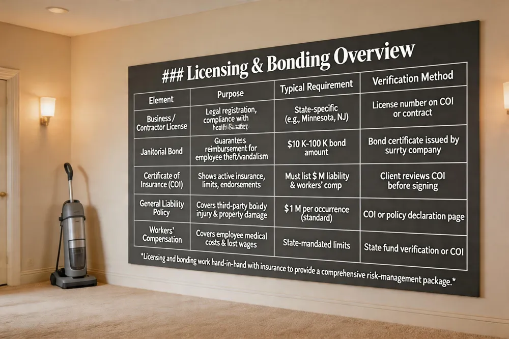 ### Licensing & Bonding Overview
| Element | Purpose | Typical Requirement | Verification Method |
|---|---|---|---|
| Business / Contractor License | Legal registration, compliance with health & safety | State‑specific (e.g., Minnesota, NJ) | License number on COI or contract |
| Janitorial Bond | Guarantees reimbursement for employee theft/vandalism | $10 K‑$100 K bond amount | Bond certificate issued by surety company |
| Certificate of Insurance (COI) | Shows active insurance, limits, endorsements | Must list $1 M liability & workers’ comp | Client reviews COI before signing |
| General Liability Policy | Covers third‑party bodily injury & property damage | $1 M per occurrence (standard) | COI or policy declaration page |
| Workers’ Compensation | Covers employee medical costs & lost wages | State‑mandated limits | State fund verification or COI |
Licensing and bonding work hand‑in‑hand with insurance to provide a comprehensive risk‑management package.