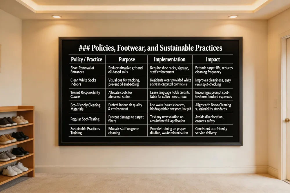 ### Policies, Footwear, and Sustainable Practices
| Policy / Practice | Purpose | Implementation | Impact |
|---|---|---|---|
| Shoe‑Removal at Entrances | Reduce abrasive grit and oil‑based soils | Require shoe racks, signage, staff enforcement | Extends carpet life, reduces cleaning frequency |
| Clean White Socks Indoors | Visual cue for tracking, prevent oil embedding | Residents wear provided white socks in carpeted common areas | Improves cleanliness, easy spot‑checking |
| Tenant Responsibility Clause | Allocate costs for abnormal stains | Lease language holds tenants liable for coffee, wine, pet urine, misuse | Encourages prompt spot‑treatment, reduces landlord expenses |
| Eco‑Friendly Cleaning Materials | Protect indoor air quality & environment | Use water‑based cleaners, biodegradable enzymes, low‑pH formulas | Aligns with Bravo Cleaning sustainability standards |
| Regular Spot‑Testing | Prevent damage to carpet fibers | Test any new solution on inconspicuous area before full application | Avoids discoloration, ensures safety |
| Sustainable Practices Training | Educate staff on green cleaning | Provide training on proper dilution, waste minimization | Consistent eco‑friendly service delivery |
