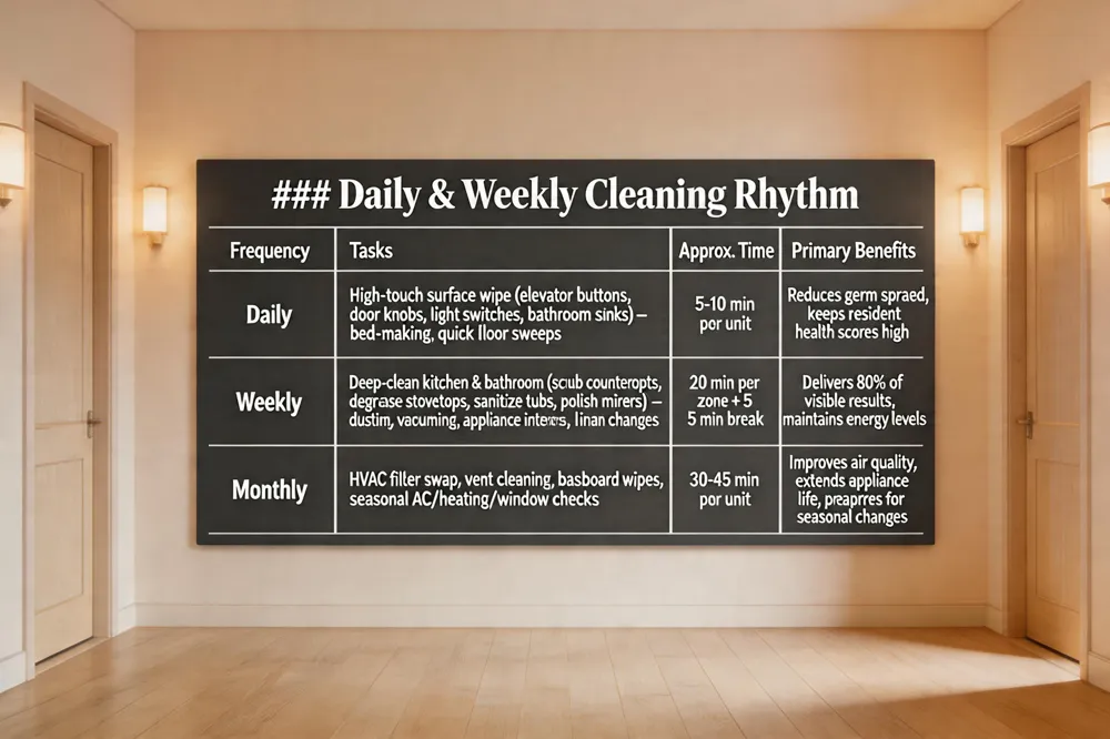 #### Daily & Weekly Cleaning Rhythm
| Frequency | Tasks | Approx. Time | Primary Benefits |
|---|---|---|---|
| Daily | High‑touch surface wipe (elevator buttons, door knobs, light switches, bathroom sinks) – bed‑making, quick floor sweeps | 5‑10 min per unit | Reduces germ spread, keeps resident health scores high |
| Weekly | Deep‑clean kitchen & bathroom (scrub countertops, degrease stovetops, sanitize tubs, polish mirrors) – dusting, vacuuming, appliance interiors, linen changes | 20 min per zone + 5 min break | Delivers 80 % of visible results, maintains energy levels |
| Monthly | HVAC filter swap, vent cleaning, baseboard wipes, seasonal AC/heating/window checks | 30‑45 min per unit | Improves air quality, extends appliance life, prepares for seasonal changes |
