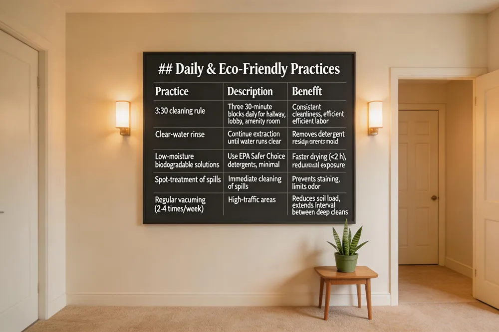## Daily & Eco‑Friendly Practices
| Practice | Description | Benefit |
|---|---|---|
| 3:30 cleaning rule | Three 30‑minute blocks daily for hallway, lobby, amenity room | Consistent cleanliness, efficient labor |
| Clear‑water rinse | Continue extraction until water runs clear | Removes detergent residue, prevents mold |
| Low‑moisture biodegradable solutions | Use EPA Safer Choice detergents, minimal water | Faster drying (<2 h), reduced chemical exposure |
| Spot‑treatment of spills | Immediate cleaning of spills | Prevents staining, limits odor |
| Regular vacuuming (2‑4 times/week) | High‑traffic areas | Reduces soil load, extends interval between deep cleans |

