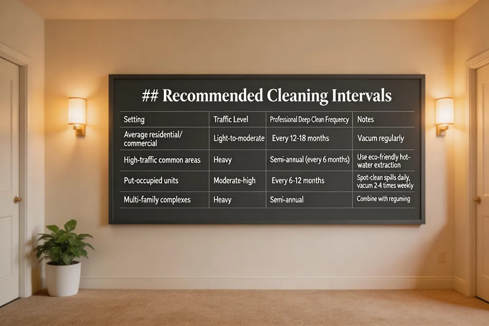 ## Recommended Cleaning Intervals
| Setting | Traffic Level | Professional Deep‑Clean Frequency | Notes |
|---|---|---|---|
| Average residential/commercial | Light‑to‑moderate | Every 12‑18 months | Vacuum regularly |
| High‑traffic common areas (lobbies, hallways) | Heavy | Semi‑annual (every 6 months) | Use eco‑friendly hot‑water extraction |
| Pet‑occupied units | Moderate‑high | Every 6‑12 months (2‑4 times / year) | Spot‑clean spills daily, vacuum 2‑4 times weekly |
| Multi‑family complexes (common areas) | Heavy | Semi‑annual | Combine with regular vacuuming |
