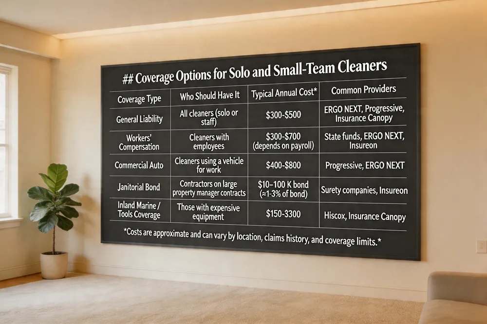 ### Coverage Options for Solo and Small‑Team Cleaners
| Coverage Type | Who Should Have It | Typical Annual Cost* | Common Providers |
|---|---|---|---|
| General Liability | All cleaners (solo or with staff) | $300‑$500 | ERGO NEXT, Progressive, Insurance Canopy |
| Workers’ Compensation | Cleaners with employees | $300‑$700 (depends on payroll) | State funds, ERGO NEXT, Insureon |
| Commercial Auto | Cleaners using a vehicle for work | $400‑$800 | Progressive, ERGO NEXT |
| Janitorial Bond | Contractors on large property‑manager contracts | $10‑$100 K bond premium (≈ 1‑3 % of bond) | Surety companies, Insureon |
| Inland Marine / Tools Coverage | Those with expensive equipment | $150‑$300 | Hiscox, Insurance Canopy |
Costs are approximate and can vary by location, claims history, and coverage limits.