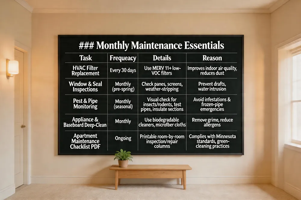 #### Monthly Maintenance Essentials
| Task | Frequency | Details | Reason |
|---|---|---|---|
| HVAC Filter Replacement | Every 30 days | Use MERV 11+ low‑VOC filters | Improves indoor air quality, reduces dust |
| Window & Seal Inspections | Monthly (pre‑spring) | Check panes, screens, weather‑stripping | Prevent drafts, water intrusion |
| Pest & Pipe Monitoring | Monthly (seasonal) | Visual check for insects/rodents, test exposed pipes, insulate vulnerable sections | Avoid infestations & frozen‑pipe emergencies |
| Appliance & Baseboard Deep‑Clean | Monthly | Use biodegradable cleaners, microfiber cloths | Remove grime, reduce allergens |
| Apartment Maintenance Checklist PDF | Ongoing | Printable room‑by‑room with inspection/repair columns | Ensures compliance with Minnesota standards, integrates green‑cleaning practices |
