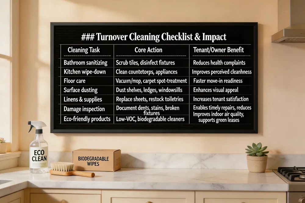 ### Turnover Cleaning Checklist & Impact
| Cleaning Task | Core Action | Tenant/Owner Benefit |
|---|---|---|
| Bathroom sanitizing | Scrub tiles, disinfect fixtures | Reduces health complaints |
| Kitchen wipe‑down | Clean countertops, appliances | Improves perceived cleanliness |
| Floor care | Vacuum/mop, carpet spot‑treatment | Faster move‑in readiness |
| Surface dusting | Dust shelves, ledges, windowsills | Enhances visual appeal |
| Linens & supplies | Replace sheets, restock toiletries | Increases tenant satisfaction |
| Damage inspection | Document dents, stains, broken fixtures | Enables timely repairs, reduces vacancy |
| Eco‑friendly products | Low‑VOC, biodegradable cleaners | Improves indoor air quality, supports green leases |
