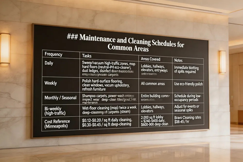 ### Maintenance and Cleaning Schedules for Common Areas
| Frequency | Tasks | Areas Covered | Notes |
|---|---|---|---|
| Daily | Sweep/vacuum high‑traffic zones, mop hard floors (neutral‑pH eco‑cleaner), dust ledges, disinfect door knobs/elevator buttons, empty trash, spot‑clean carpets | Lobbies, hallways, elevators, entryways | Immediate blotting of spills required |
| Weekly | Polish hard‑surface flooring, clean windows, vacuum upholstery, refresh furniture | All common areas | Use eco‑friendly polish n| Monthly / Seasonal | Shampoo carpets, power‑wash entryways, inspect wear, deep‑clean tiles/grout, HVAC maintenance | Entire building common areas | Schedule during low‑occupancy periods | | Bi‑weekly (high‑traffic) | Wet‑floor cleaning (mop) twice a week, deep‑cleaning of carpets (steam) | Lobbies, hallways, elevators | Adjust for events or seasonal spikes | | Cost Reference (Minneapolis) | $0.12‑$0.20 / sq ft daily cleaning; $0.30‑$0.45 / sq ft deep‑cleaning | 2,000 sq ft lobby ≈ $240‑$400 daily, $600‑$900 deep clean | Bravo Cleaning rates $38‑$45 / hr | 