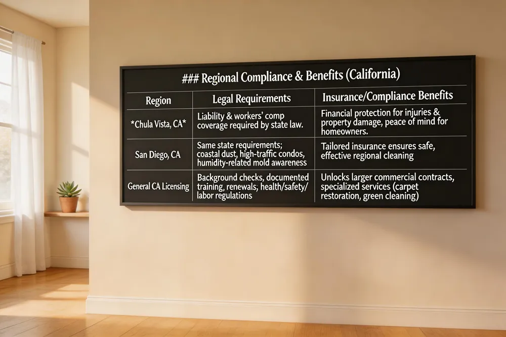 ### Regional Compliance & Benefits (California)
| Region | Legal Requirements | Insurance/Compliance Benefits |
|---|---|---|
| Chula Vista, CA | Liability & workers’ comp coverage required by state law. | Financial protection for injuries & property damage; peace of mind for homeowners. |
| San Diego, CA | Same state requirements; additional awareness of coastal dust, high‑traffic condos, humidity‑related mold. | Tailored insurance ensures safe, effective cleaning for regional challenges. |
| General CA Licensing | Background checks, documented training, regular renewals; compliance with health, safety, labor regulations. | Unlocks larger commercial contracts, specialized services (carpet restoration, green cleaning). |
