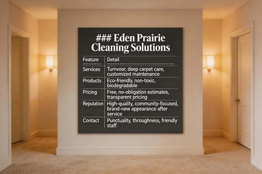### Eden Prairie Cleaning Solutions
| Feature | Detail |
|---|---|
| Services | Turnover, deep carpet care, customized maintenance |
| Products | Eco‑friendly, non‑toxic, biodegradable |
| Pricing | Free, no‑obligation estimates, transparent pricing |
| Reputation | High‑quality, community‑focused, brand‑new appearance after service |
| Contact | Emphasis on punctuality, thoroughness, friendly staff |
