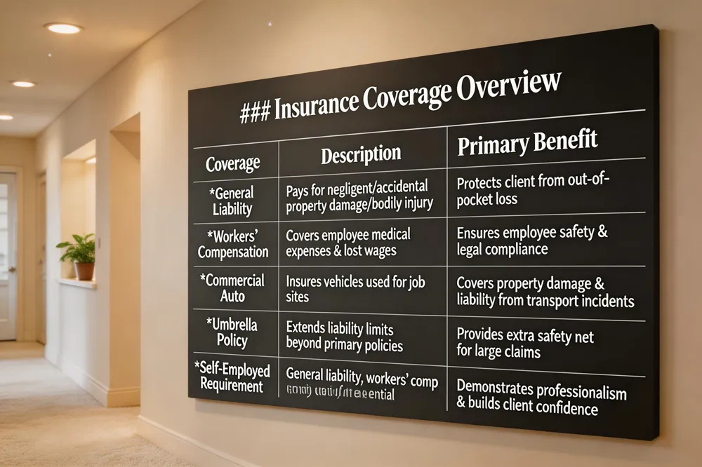 ### Insurance Coverage Overview
| Coverage | Description | Primary Benefit |
|---|---|---|
| General Liability | Pays for claims from negligent or accidental property damage or bodily injury. | Protects client from out‑of‑pocket loss. |
| Workers’ Compensation | Covers medical expenses & lost wages for injured employees. | Ensures employee safety and legal compliance. |
| Commercial Auto | Insures vehicles used for job sites. | Covers property damage & liability from transport incidents. |
| Umbrella Policy | Extends liability limits beyond primary policies. | Provides extra safety net for large claims. |
| Self‑Employed Requirement | General liability, workers’ comp (if staff), commercial auto are essential. | Demonstrates professionalism & builds client confidence. |
