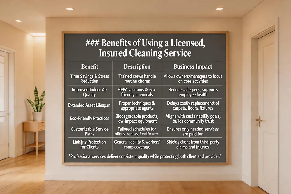 ### Benefits of Using a Licensed, Insured Cleaning Service
| Benefit | Description | Business Impact |
|---|---|---|
| Time Savings & Stress Reduction | Trained crews handle routine chores | Allows owners/managers to focus on core activities |
| Improved Indoor Air Quality | HEPA vacuums & eco‑friendly chemicals | Reduces allergens, supports employee health |
| Extended Asset Lifespan | Proper techniques & appropriate agents | Delays costly replacements of carpets, floors, fixtures |
| Eco‑Friendly Practices | Biodegradable products, low‑impact equipment | Aligns with sustainability goals, builds community trust |
| Customizable Service Plans | Tailored schedules for offices, rentals, healthcare | Ensures only needed services are paid for |
| Liability Protection for Clients | General liability & workers’ comp coverage | Shields client from third‑party claims and injuries |
Professional services deliver consistent quality while protecting both client and provider.
