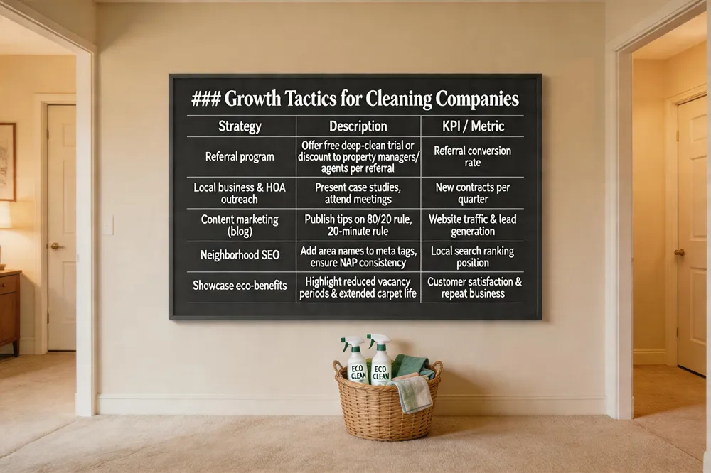 ### Growth Tactics for Cleaning Companies
| Strategy | Description | KPI / Metric |
|---|---|---|
| Referral program | Offer free deep‑clean trial or discount to property managers/agents per referral | Referral conversion rate |
| Local business & HOA outreach | Present case studies, attend meetings | New contracts per quarter |
| Content marketing (blog) | Publish tips on 80/20 rule, 20‑minute rule | Website traffic & lead generation |
| Neighborhood SEO | Add area names to meta tags, ensure NAP consistency | Local search ranking position |
| Showcase eco‑benefits | Highlight reduced vacancy periods & extended carpet life | Customer satisfaction & repeat business |
