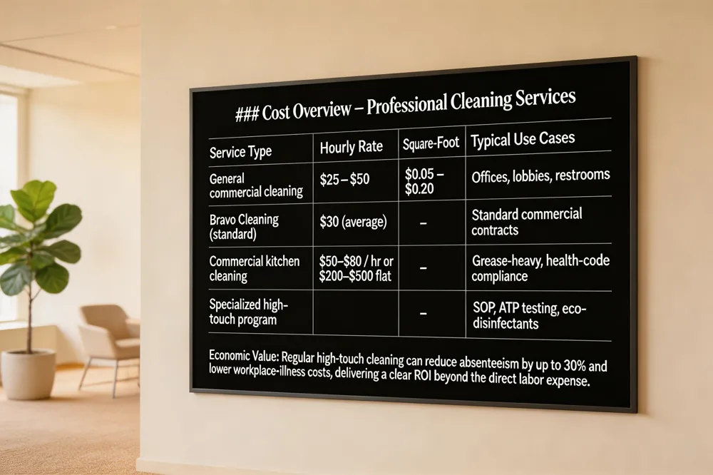 ### Cost Overview – Professional Cleaning Services
| Service Type | Hourly Rate | Square‑Foot Rate | Typical Use Cases |
|---|---|---|---|
| General commercial cleaning | $25 – $50 | $0.05 – $0.20 | Offices, lobbies, restrooms |
| Bravo Cleaning (standard) | $30 (average) | – | Standard commercial contracts |
| Commercial kitchen cleaning | $50 – $80 per hour or $200 – $500 flat‑rate | – | Grease‑heavy environments, health‑code compliance |
| Specialized high‑touch program | – | – | Includes SOP, ATP testing, eco‑friendly disinfectants |
Economic Value: Regular high‑touch cleaning can reduce absenteeism by up to 30 % and lower workplace‑illness costs, delivering a clear ROI beyond the direct labor expense.