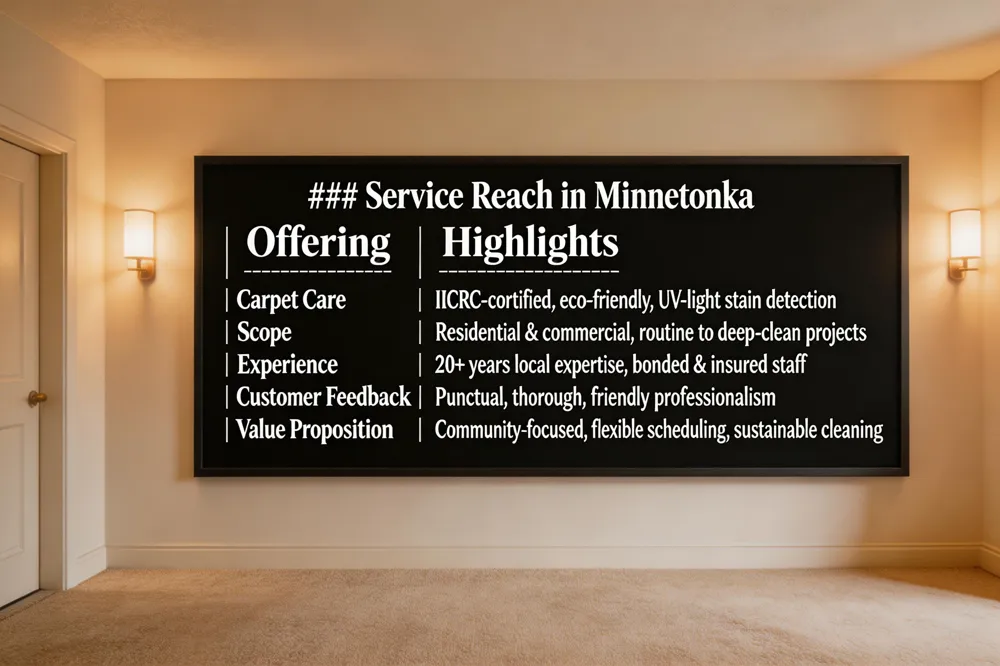 ### Service Reach in Minnetonka
| Offering | Highlights |
|---|---|
| Carpet Care | IICRC‑certified, eco‑friendly, UV‑light stain detection |
| Scope | Residential & commercial, routine to deep‑clean projects |
| Experience | 20+ years local expertise, bonded & insured staff |
| Customer Feedback | Punctual, thorough, friendly professionalism |
| Value Proposition | Community‑focused, flexible scheduling, sustainable cleaning |
