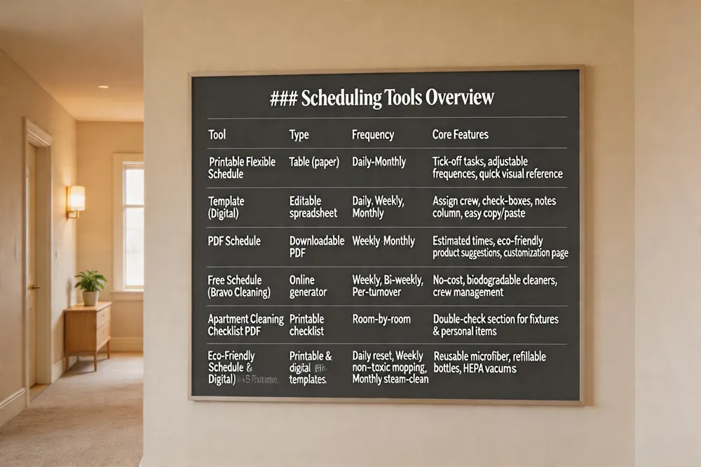 #### Scheduling Tools Overview
| Tool | Type | Frequency | Core Features |
|---|---|---|---|
| Printable Flexible Schedule | Table (paper) | Daily‑Monthly rotation | Tick‑off tasks, adjustable frequencies, quick visual reference |
| Template (Digital) | Editable spreadsheet | Daily, Weekly, Monthly | Assign crew, check‑boxes, notes column, easy copy/paste |
| PDF Schedule | Downloadable PDF | Weekly‑Monthly | Estimated times, eco‑friendly product suggestions, customization page |
| Free Schedule (Bravo Cleaning) | Online generator | Weekly, Bi‑weekly, Per‑turnover | No‑cost, biodegradable cleaners, crew management |
| Apartment Cleaning Checklist PDF | Printable checklist | Room‑by‑room | Double‑check section for fixtures & personal items |
| Eco‑Friendly Schedule (Printable & Digital) | Printable & digital templates | Daily reset, Weekly non‑toxic mopping, Bi‑weekly spot‑clean, Monthly steam‑clean | Reusable microfiber, refillable bottles, HEPA vacuums |
