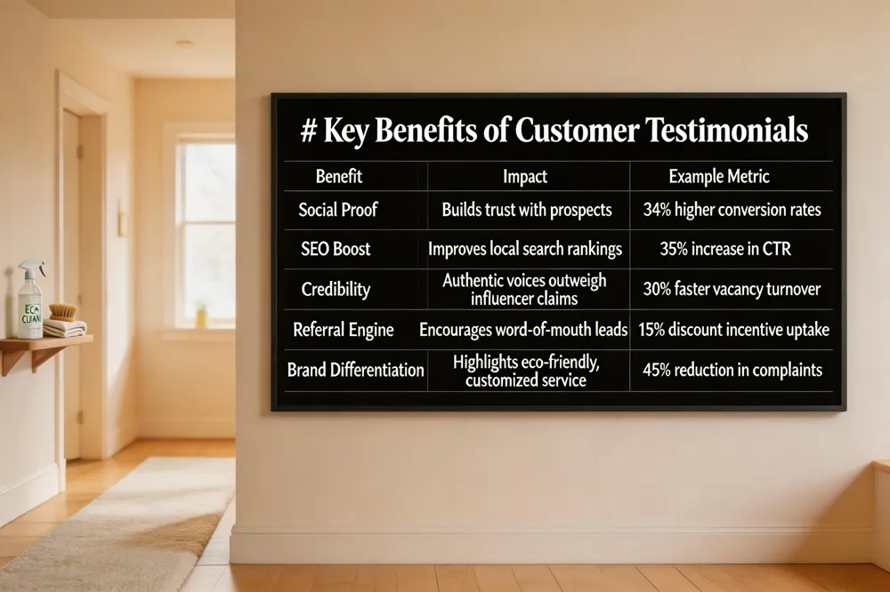 # Key Benefits of Customer Testimonials
| Benefit | Impact | Example Metric |
|---|---|---|
| Social Proof | Builds trust with prospects | 34% higher conversion rates |
| SEO Boost | Improves local search rankings | 35% increase in CTR |
| Credibility | Authentic voices outweigh influencer claims | 30% faster vacancy turnover |
| Referral Engine | Encourages word‑of‑mouth leads | 15% discount incentive uptake |
| Brand Differentiation | Highlights eco‑friendly, customized service | 45% reduction in complaints |
