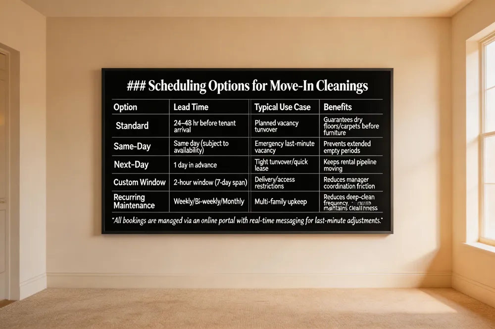 ### Scheduling Options for Move‑In Cleanings
| Option | Lead Time | Typical Use Case | Benefits |
|---|---|---|---|
| Standard | 24–48 hr before tenant arrival | Regular turnover when vacancy is planned | Guarantees dry floors & carpets before furniture moves in |
| Same‑Day | Same calendar day (subject to availability) | Emergency turnover, last‑minute vacancy | Prevents extended empty periods |
| Next‑Day | 1 day in advance | Quick lease sign‑off, tight turnover schedule | Keeps rental pipeline moving |
| Custom Window | Any 2‑hour window within 7‑day window | Aligns with delivery schedules, access restrictions | Reduces coordination friction for managers |
| Recurring Maintenance | Weekly / Bi‑weekly / Monthly | Ongoing property upkeep for multi‑family complexes | Maintains long‑term cleanliness, reduces deep‑clean frequency |
All bookings are managed via an online portal with real‑time messaging for last‑minute adjustments.