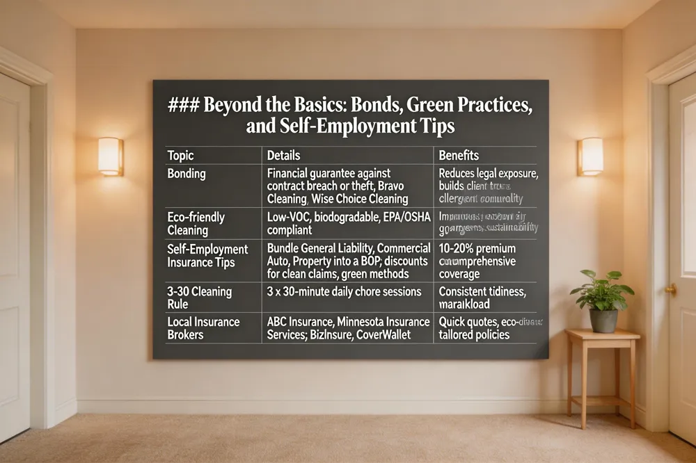 ### Beyond the Basics: Bonds, Green Practices, and Self‑Employment Tips
| Topic | Details | Benefits |
|---|---|---|
| Bonding | Financial guarantee against contract breach or theft; used by Bravo Cleaning, Wise Choice Cleaning | Reduces legal exposure, builds client trust |
| Eco‑friendly Cleaning | Low‑VOC, biodegradable products; EPA/OSHA compliant | Improves indoor air quality, lowers allergens, aligns with sustainability goals |
| Self‑Employment Insurance Tips | Bundle General Liability, Commercial Auto, Property into a BOP; seek discounts for clean claims, limited staff, green methods | 10‑20% premium reduction, comprehensive coverage |
| 3‑30 Cleaning Rule | Break chores into three 30‑minute sessions daily | Consistent tidiness, manageable workload |
| Local Insurance Brokers | ABC Insurance, Minnesota Insurance Services; online platforms BizInsure, CoverWallet | Quick quotes, eco‑friendly discounts, tailored policies |
