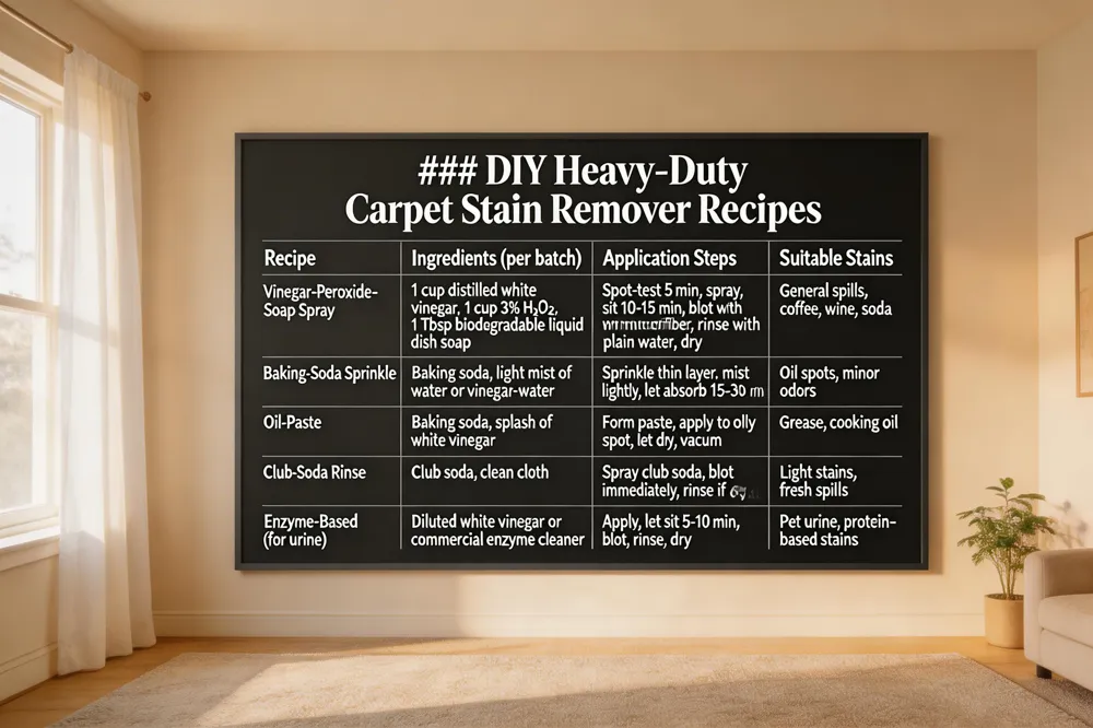 ### DIY Heavy‑Duty Carpet Stain Remover Recipes
| Recipe | Ingredients (per batch) | Application Steps | Suitable Stains |
|---|---|---|---|
| Vinegar‑Peroxide‑Soap Spray | 1 cup distilled white vinegar, 1 cup 3 % H₂O₂, 1 Tbsp biodegradable liquid dish soap | Spot‑test 5 min, spray, sit 10‑15 min, blot with microfiber, rinse with plain water, dry | General spills, coffee, wine, soda |
| Baking‑Soda Sprinkle | Baking soda, light mist of water or vinegar‑water | Sprinkle thin layer, mist lightly, let absorb 15‑30 min, vacuum | Oil spots, minor odors |
| Oil‑Paste | Baking soda, splash of white vinegar | Form paste, apply to oily spot, let dry, vacuum | Grease, cooking oil |
| Club‑Soda Rinse | Club soda, clean cloth | Spray club soda, blot immediately, rinse if needed, dry | Light stains, fresh spills |
| Enzyme‑Based (for urine) | Diluted white vinegar or commercial enzyme cleaner | Apply, let sit 5‑10 min, blot, rinse, dry | Pet urine, protein‑based stains |
