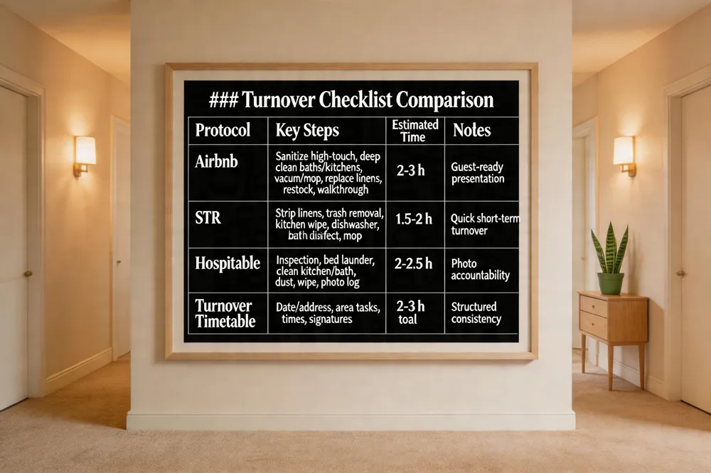 #### Turnover Checklist Comparison
| Protocol | Key Steps | Estimated Time (per unit) | Notes |
|---|---|---|---|
| Airbnb | Sanitize high‑touch surfaces, deep‑clean baths/kitchens, vacuum/mop floors, replace linens & towels, restock supplies, final walkthrough, smoke alarm check | 2‑3 h | Emphasizes guest‑ready presentation |
| STR | Strip linens, trash removal, kitchen wipe‑down, dishwasher run, bathroom disinfect, floor mop, dust entryways, restock liners | 1.5‑2 h | Focus on quick turnover for short‑term rentals |
| Hospitable | Inspection, bed strip & launder, fresh bed, kitchen clean, dust furniture, wipe handles/mirrors, mop floors, bathroom deep‑clean, restock toiletries, photo log | 2‑2.5 h | Integrated photo‑logging for accountability |
| Turnover Cleaning Timetable | Header (date, address, cleaners), area rows (Kitchen, Bathrooms, Bedrooms, Living, Entrance) with start/end times & specific tasks, notes/issues, signatures | 2‑3 h total | Structured template for consistent execution |
