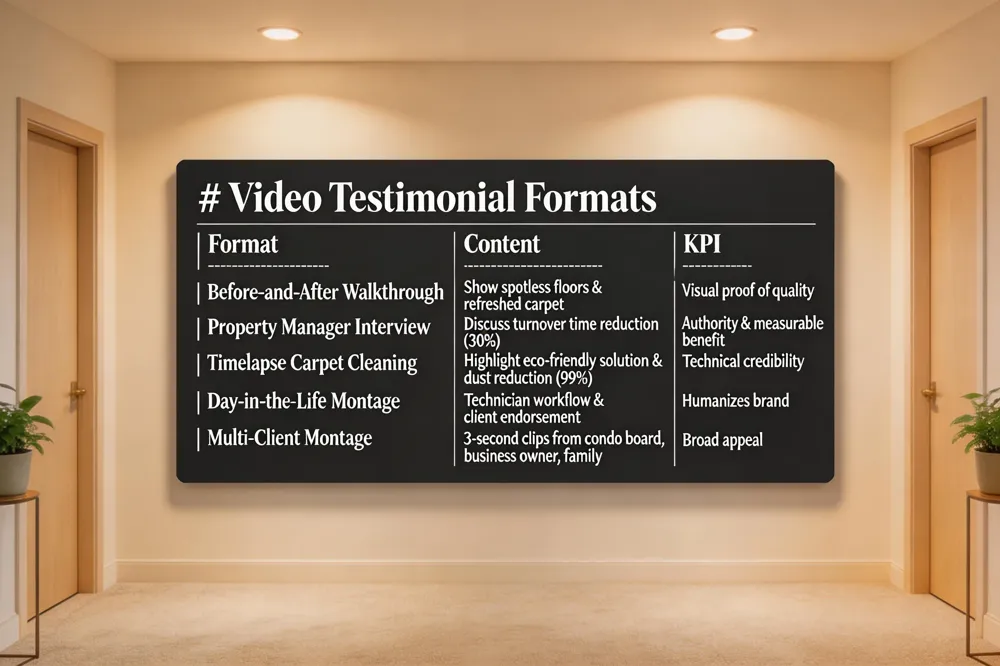 # Video Testimonial Formats
| Format | Content | KPI |
|---|---|---|
| Before‑and‑After Walkthrough | Show spotless floors & refreshed carpet | Visual proof of quality |
| Property Manager Interview | Discuss turnover time reduction (30%) | Authority & measurable benefit |
| Timelapse Carpet Cleaning | Highlight eco‑friendly solution & dust reduction (99%) | Technical credibility |
| Day‑in‑the‑Life Montage | Technician workflow & client endorsement | Humanizes brand |
| Multi‑Client Montage | 3‑second clips from condo board, business owner, family | Broad appeal |

