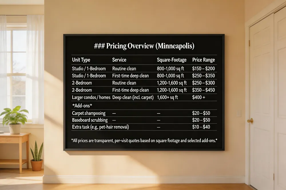### Pricing Overview (Minneapolis)
| Unit Type | Service | Square‑Footage | Price Range |
|---|---|---|---|
| Studio / 1‑Bedroom | Routine clean | 800‑1,000 sq ft | $150 – $200 |
| Studio / 1‑Bedroom | First‑time deep clean | 800‑1,000 sq ft | $250 – $350 |
| 2‑Bedroom | Routine clean | 1,200‑1,600 sq ft | $250 – $300 |
| 2‑Bedroom | First‑time deep clean | 1,200‑1,600 sq ft | $350 – $450 |
| Larger condos / homes | Deep clean (incl. carpet) | 1,600+ sq ft | $400 + |
| Add‑ons | |||
| Carpet shampooing | — | — | $20 – $50 |
| Baseboard scrubbing | — | — | $20 – $50 |
| Extra task (e.g., pet‑hair removal) | — | — | $10 – $40 |
All prices are transparent, per‑visit quotes based on square footage and selected add‑ons.