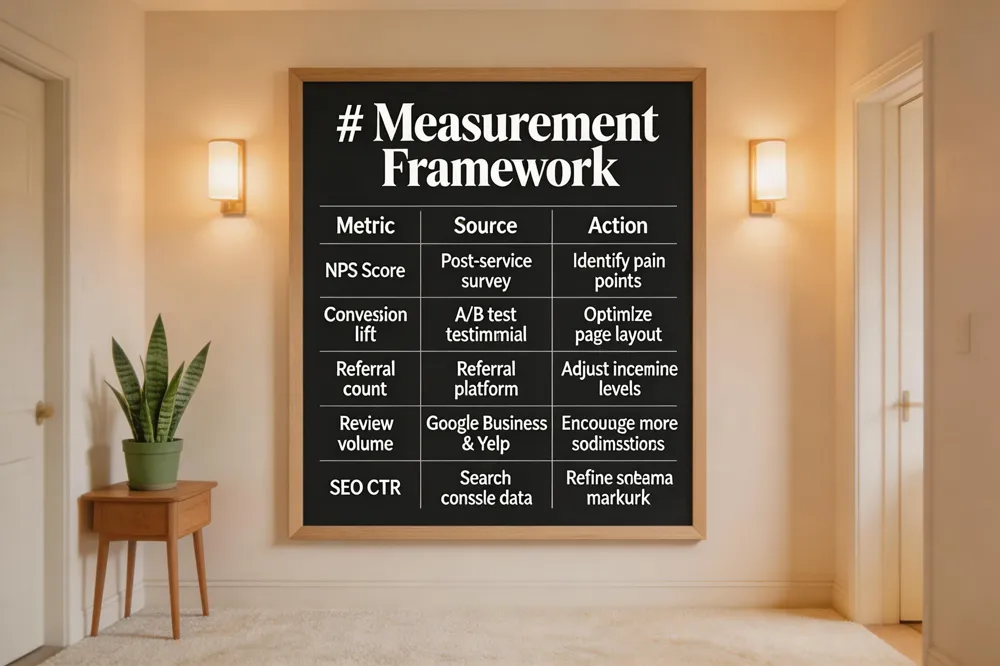 # Measurement Framework
| Metric | Source | Action |
|---|---|---|
| NPS Score | Post‑service survey | Identify pain points |
| Conversion lift | A/B test testimonial placement | Optimize page layout |
| Referral count | Referral platform analytics | Adjust incentive levels |
| Review volume | Google Business & Yelp | Encourage more submissions |
| SEO CTR | Search console data | Refine schema markup |
