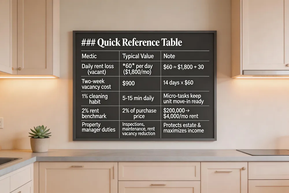 ### Quick Reference Table
| Metric | Typical Value | Note |
|---|---|---|
| Daily rent loss (vacant) | $60 per day (for $1,800/mo) | $60 ≈ $1,800 ÷ 30 |
| Two‑week vacancy cost | $900 | 14 days × $60 |
| 1% cleaning habit | 5‑15 min daily (≈1 % of day) | Micro‑tasks keep unit move‑in ready |
| 2% rent benchmark | 2 % of purchase price | $200,000 purchase → $4,000/mo rent |
| Property manager duties | Inspections, maintenance, rent collection, vacancy reduction | Protects estate & maximizes income |
