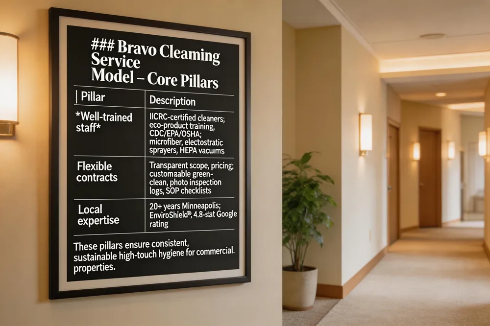 ### Bravo Cleaning Service Model – Core Pillars
| Pillar | Description |
|---|---|
| Well‑trained staff | IICRC‑certified cleaners; training on eco‑products, high‑touch protocols, CDC/EPA/OSHA guidelines; use of microfiber, electrostatic sprayers, HEPA vacuums. |
| Flexible contracts | Transparent scope, frequency, performance standards, pricing; customizable to include green‑clean standards, photographic inspection logs, SOP checklists. |
| Local expertise | 20+ years in Minneapolis; proprietary disinfectants (e.g., EnviroShield®); detailed compliance reports; 4.8‑star Google rating. |
These pillars ensure consistent, sustainable high‑touch hygiene for commercial properties.