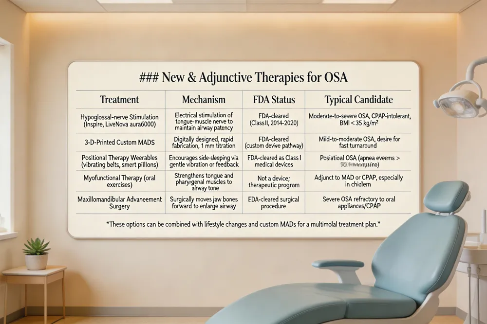 ### New & Adjunctive Therapies for OSA
| Treatment | Mechanism | FDA Status | Typical Candidate |
|---|---|---|---|
| Hypoglossal‑nerve Stimulation (Inspire, LivaNova aura6000) | Electrical stimulation of tongue‑muscle nerve to maintain airway patency | FDA‑cleared (Class II, 2014‑2020) | Moderate‑to‑severe OSA, CPAP‑intolerant, BMI < 35 kg/m² |
| 3‑D‑Printed Custom MADs | Digitally designed, rapid fabrication, 1 mm titration | FDA‑cleared (custom device pathway) | Mild‑to‑moderate OSA, desire for fast turnaround |
| Positional Therapy Wearables (vibrating belts, smart pillows) | Encourages side‑sleeping via gentle vibration or feedback | FDA‑cleared as Class I medical devices | Positional OSA (apnea events > 50 % when supine) |
| Myofunctional Therapy (oral exercises) | Strengthens tongue and pharyngeal muscles to improve airway tone | Not a device; therapeutic program | Adjunct to MAD or CPAP, especially in children |
| Maxillomandibular Advancement Surgery | Surgically moves jaw bones forward to enlarge airway | FDA‑cleared surgical procedure | Severe OSA refractory to oral appliances/CPAP |
These options can be combined with lifestyle changes and custom MADs for a multimodal treatment plan. 