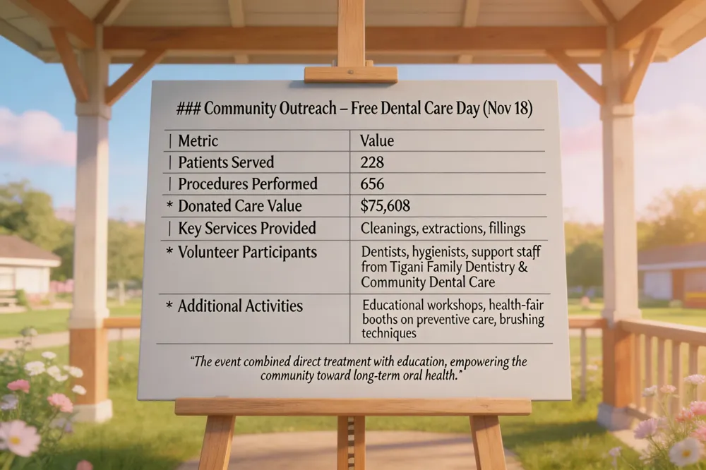 ### Community Outreach – Free Dental Care Day (Nov 18)
| Metric | Value |
|---|---|
| Patients Served | 228 |
| Procedures Performed | 656 |
| Donated Care Value | $75,608 |
| Key Services Provided | Cleanings, extractions, fillings |
| Volunteer Participants | Dentists, hygienists, support staff from Tigani Family Dentistry & Community Dental Care |
| Additional Activities | Educational workshops, health‑fair booths on preventive care, brushing techniques |
The event combined direct treatment with education, empowering the community toward long‑term oral health.
