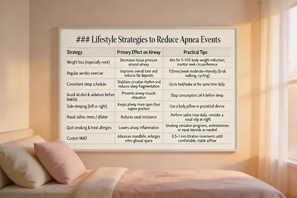 ### Lifestyle Strategies to Reduce Apnea Events
| Strategy | Primary Effect on Airway | Practical Tips |
|---|---|---|
| Weight loss (especially neck) | Decreases tissue pressure around airway | Aim for 5‑10 % body‑weight reduction; monitor neck circumference |
| Regular aerobic exercise | Improves overall tone and reduces fat deposits | 150 min/week moderate‑intensity (e.g., brisk walking, cycling) |
| Consistent sleep schedule | Stabilizes circadian rhythm and reduces sleep fragmentation | Go to bed/wake at the same time daily |
| Avoid alcohol & sedatives before bed | Prevents airway muscle relaxation | Stop consumption ≥4 h before sleep |
| Side‑sleeping (left or right) | Keeps airway more open than supine position | Use a body pillow or positional device |
| Nasal saline rinses / dilator | Reduces nasal resistance | Perform saline rinse daily; consider a nasal strip at night |
| Quit smoking & treat allergies | Lowers airway inflammation | Smoking cessation programs; antihistamines or nasal steroids as needed |
| Custom MAD | Advances mandible, enlarges retro‑glossal space | |
| 