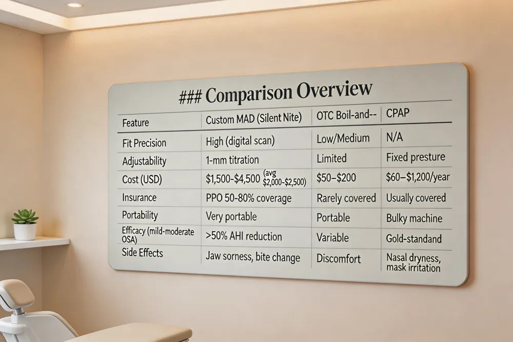 ### Comparison Overview
| Feature | Custom MAD (e.g., Silent Nite) | OTC Boil‑and‑B | CPAP |
|---|---|---|---|
| Fit Precision | High (digital scan) | Low/Medium | N/A |
| Adjustability | 1‑mm titration | Limited | Fixed pressure |
| Cost (USD) | $1,500‑$4,500 (often $2,000‑$2,500) | $50‑$200 | $600‑$1,200 per year |
| Insurance | PPO 50‑80 % coverage (Tigani) | Rarely covered | Usually covered |
| Portability | Very portable | Portable | Bulky machine |
| Efficacy for mild‑moderate OSA | >50 % AHI reduction | Variable | Gold‑standard for moderate‑severe |
| Typical Side Effects | Jaw soreness, bite change | Discomfort | Nasal dryness, mask irritation |
| 