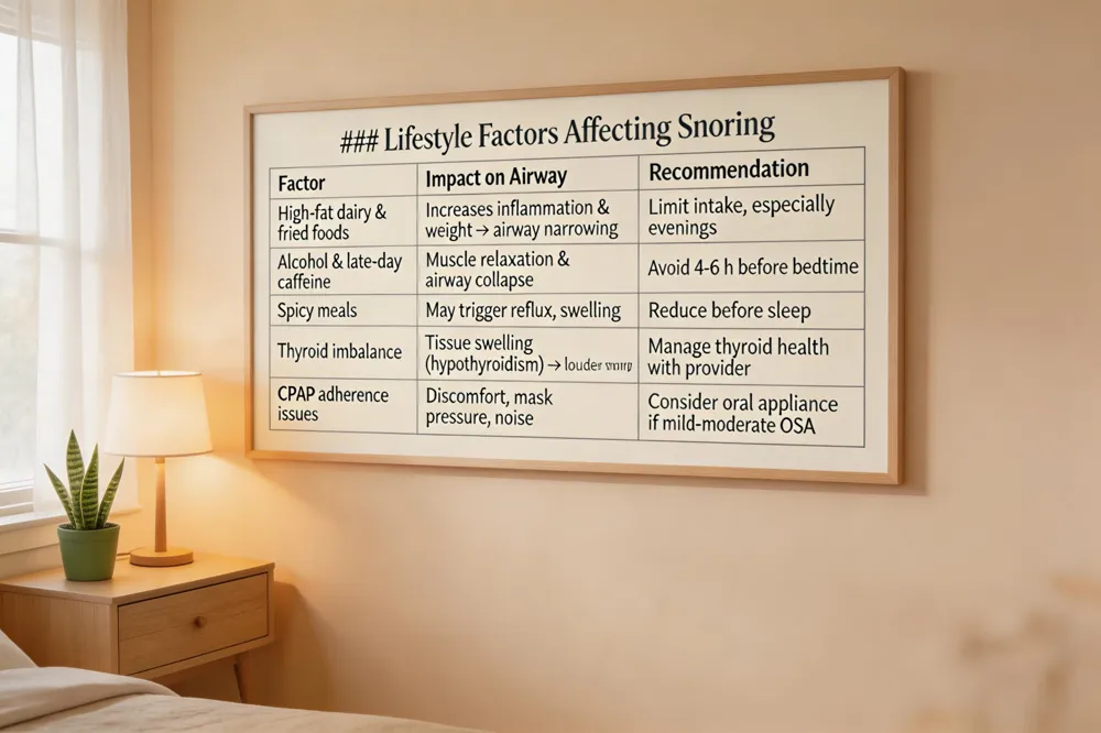 ### Lifestyle Factors Affecting Snoring
| Factor | Impact on Airway | Recommendation |
|---|---|---|
| High‑fat dairy & fried foods | Increases inflammation & weight → airway narrowing | Limit intake, especially evenings |
| Alcohol & late‑day caffeine | Muscle relaxation & airway collapse | Avoid 4‑6 h before bedtime |
| Spicy meals | May trigger reflux, swelling | Reduce before sleep |
| Thyroid imbalance | Tissue swelling (hypothyroidism) → louder snoring | Manage thyroid health with provider |
| CPAP adherence issues | Discomfort, mask pressure, noise | Consider oral appliance if mild‑moderate OSA |
| 