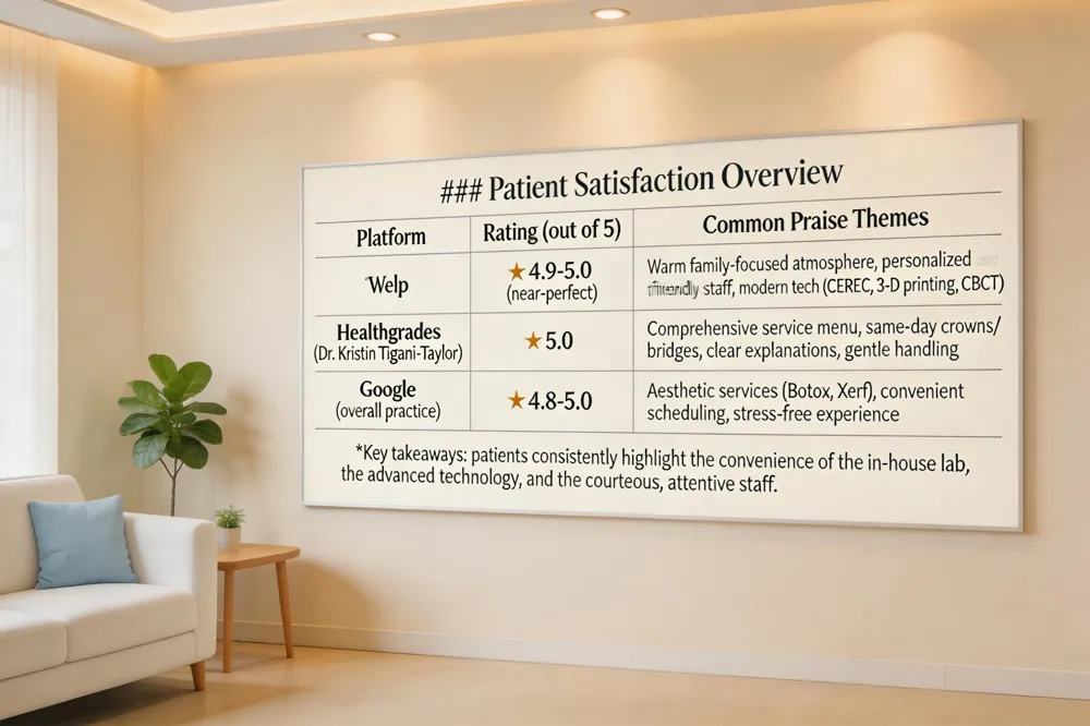 ### Patient Satisfaction Overview
| Platform | Rating (out of 5) | Common Praise Themes |
|---|---|---|
| Yelp | ★ 4.9‑5.0 (near‑perfect) | Warm family‑focused atmosphere, personalized care, friendly staff, modern tech (CEREC, 3‑D printing, CBCT) |
| Healthgrades (Dr. Kristin Tigani‑Taylor) | ★ 5.0 | Comprehensive service menu, same‑day crowns/bridges, clear explanations, gentle handling |
| Google (overall practice) | ★ 4.8‑5.0 | Aesthetic services (Botox, Xerf), convenient scheduling, stress‑free experience |
Key takeaways: patients consistently highlight the convenience of the in‑house lab, the advanced technology, and the courteous, attentive staff.