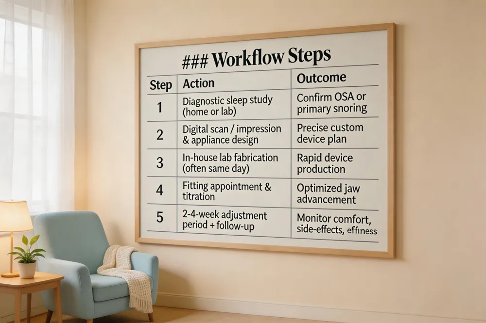 ### Workflow Steps
| Step | Action | Outcome |
|---|---|---|
| 1 | Diagnostic sleep study (home or lab) | Confirm OSA or primary snoring |
| 2 | Digital scan / impression & appliance design | Precise custom device plan |
| 3 | In‑house lab fabrication (often same day) | Rapid device production |
| 4 | Fitting appointment & titration | Optimized jaw advancement |
| 5 | 2‑4‑week adjustment period + follow‑up | Monitor comfort, side‑effects, effectiveness |
| 