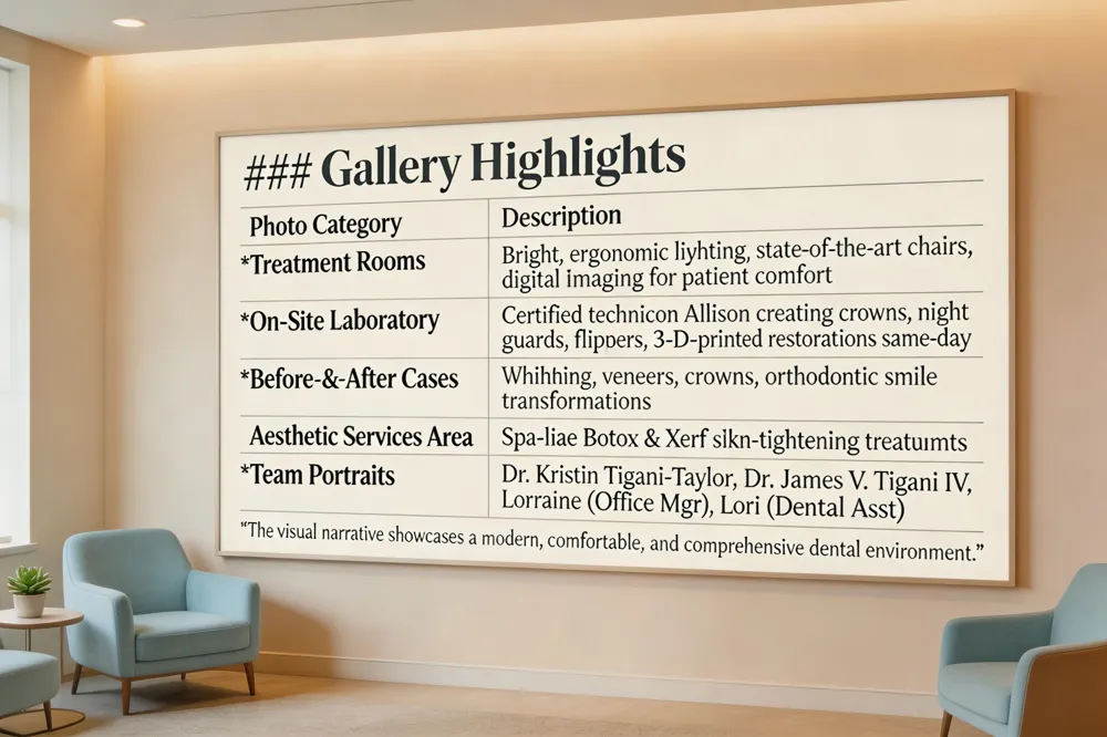 ### Gallery Highlights
| Photo Category | Description |
|---|---|
| Treatment Rooms | Bright, ergonomic lighting, state‑of‑the‑art chairs, digital imaging for patient comfort |
| On‑Site Laboratory | Certified technician Allison creating crowns, night guards, flippers, 3‑D‑printed restorations same‑day |
| Before‑&‑After Cases | Whitening, veneers, crowns, orthodontic results illustrating smile transformations |
| Aesthetic Services Area | Spa‑like setting for Botox and Xerf skin‑tightening treatments |
| Team Portraits | Dr. Kristin Tigani‑Taylor, Dr. James V. Tigani IV, long‑standing staff members (e.g., Office Manager Lorraine, Dental Assistant Lori) |
The visual narrative showcases a modern, comfortable, and comprehensive dental environment.
