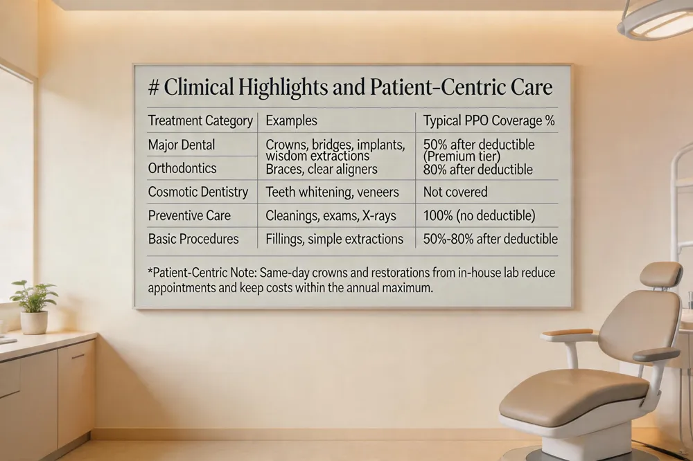 # Financial Strategies to Maximize Your Benefits
| Strategy | Description | Benefit |
|---|---|---|
| Early Preventive Visits | Schedule cleanings, exams, and X‑rays at the start of the benefit year. | Uses 100 % coverage, meets deductible quickly, preserves max for later procedures. |
| Bundle Minor Work | Combine sealants, small fillings, or fluoride with preventive appointments. | Reduces number of visits and maximizes use of deductible. |
| Year‑End Major Work | Plan crowns, bridges, or implants toward the end of the calendar year. | Applies remaining annual maximum before reset, minimizing out‑of‑pocket cost. |
| Use FSAs/HSA | Pay out‑of‑pocket portions with pre‑tax dollars. | Lowers taxable income and covers expenses not reimbursed by PPO. |
| CareCredit Financing | Interest‑free payment plans for larger balances. | Spreads cost while insurer still pays its share. |
| Track Benefits Online | Use Tigani’s patient portal to monitor remaining maximum and deductible. | Prevents surprise bills and helps plan future care. |
| Timing of preventive and major procedures | ||
| Schedule cleanings, exams and X‑rays early in the benefit year—most PPOs pay 100 % for preventive care and often waive the deductible. Use the in‑house lab at Tigani Family Dentistry to combine minor work (sealants, fillings) with preventive visits, meeting your deductible quickly and reducing copays. Plan crowns, bridges or implants toward the end of the year so any remaining annual maximum can be applied before it resets. |
Using FSAs/HSA and CareCredit financing Contribute pre‑tax dollars to an FSA or HSA for out‑of‑pocket costs that PPOs do not cover (cosmetic, orthodontic upgrades). For larger balances, CareCredit offers flexible, interest‑free payment plans, letting you spread the cost while the insurer still pays its share.
Understanding annual maximums and deductibles Most PPOs have $1,000‑$2,000 annual maximum with a $50‑$150 deductible. Preventive services usually do not count toward the annual maximum; basic work (≈80 %) and major work (≈50 %) do. Track your balance via Tigani’s online portal to avoid exceeding the cap.
Evaluating plan premiums versus out‑of‑pocket costs A $600 yearly premium is typical—$40‑$60 per month. Compare this to the potential out‑of‑pocket expense of a crown, implant or orthodontic series. When the premium plus expected copays is less than the full cost of treatment, the plan adds value.
How to maximize dental benefits? Review coverage tiers, schedule preventive visits early, bundle minor procedures, use Tigani’s in‑house lab for faster restorations, and plan major work before year‑end.
Is $600 a year a lot for dental insurance? No; it falls within the normal range and usually pays for two cleanings, exams and part of major work, making it a reasonable investment.
What is the maximum payout on a dental PPO? Typically $1,000‑$2,000 per year, with preventive care often excluded; premium plans may reach $2,500 or more.
Best PPO dental insurance Delta Dental, Cigna, Guardian and UnitedHealthcare offer broad networks, 100 % preventive coverage and strong basic/major percentages—ideal for Tigani patients.
What is the best dental PPO? Delta Dental PPO Premium is often cited as the top choice in Wilmington for its $2,000 maximum, extensive network and orthodontic benefits.
Supplemental dental insurance Adds coverage for orthodontics, major procedures and cosmetics, raising the annual maximum and reducing out‑of‑pocket costs when used alongside a primary PPO.
Clinical Highlights and Patient‑Centric Care
![# Clinical Highlights and Patient‑Centric Care
| Treatment Category | Examples | Typical PPO Coverage % |
|---|---|---|
| Major Dental | Crowns, bridges, inlays/onlays, dentures, implants, wisdom‑tooth extractions, complex oral surgery | 50 % after deductible (Premium tier) |
| Orthodontics | Braces, clear aligners (available on Premium plan) | 80 % after deductible |
| Cosmetic Dentistry | Teeth whitening, veneers (usually not covered) | Not covered (may require supplemental plan) |
| Preventive Care | Cleanings, exams, X‑rays | 100 % (no deductible) |
| Basic Procedures | Fillings, simple extractions, periodontal cleanings | 50 %‑80 % after deductible |
Patient‑Centric Note: Same‑day crowns and restorations from the in‑house lab reduce appointments and keep costs within the annual maximum.
