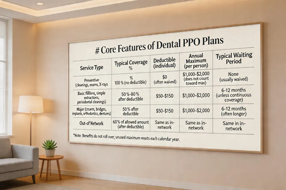 # Core Features of Dental PPO Plans
| Service Type | Typical Coverage % | Deductible (individual) | Annual Maximum (per person) | Typical Waiting Period |
|---|---|---|---|---|
| Preventive (cleanings, exams, X‑rays) | 100 % (no deductible) | $0 (often waived) | $1,000‑$2,000 (does not count toward max) | None (usually waived) |
| Basic (fillings, simple extractions, periodontal cleanings) | 50 %‑80 % after deductible | $50‑$150 | $1,000‑$2,000 | 6‑12 months (unless continuous coverage) |
| Major (crowns, bridges, implants, orthodontics, dentures) | 50 % after deductible | $50‑$150 | $1,000‑$2,000 | 6‑12 months (often longer) |
| Out‑of‑Network | 60 % of allowed amount (after deductible) | Same as in‑network | Same as in‑network | Same as in‑network |
Note: Benefits do not roll over; unused maximum resets each calendar year.