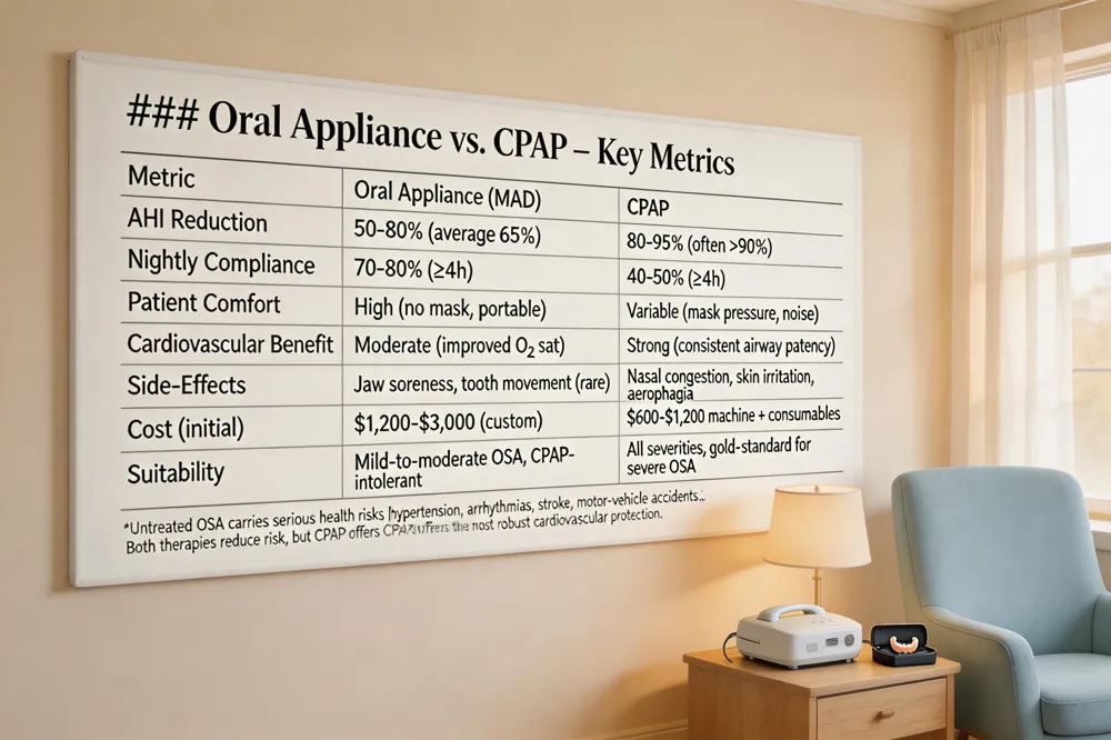 ### Oral Appliance vs. CPAP – Key Metrics
| Metric | Oral Appliance (MAD) | CPAP |
|---|---|---|
| AHI Reduction | 50‑80 % (average 65 %) | 80‑95 % (often >90 %) |
| Nightly Compliance | 70‑80 % (≥4 h) | 40‑50 % (≥4 h) |
| Patient Comfort | High (no mask, portable) | Variable (mask pressure, noise) |
| Cardiovascular Benefit | Moderate (improved O₂ sat) | Strong (consistent airway patency) |
| Side‑Effects | Jaw soreness, tooth movement (rare) | Nasal congestion, skin irritation, aerophagia |
| Cost (initial) | $1,200‑$3,000 (custom) | $600‑$1,200 machine + consumables |
| Suitability | Mild‑to‑moderate OSA, CPAP‑intolerant | All severities, gold‑standard for severe OSA |
Untreated OSA carries serious health risks (hypertension, arrhythmias, stroke, motor‑vehicle accidents). Both therapies reduce risk, but CPAP offers the most robust cardiovascular protection. 