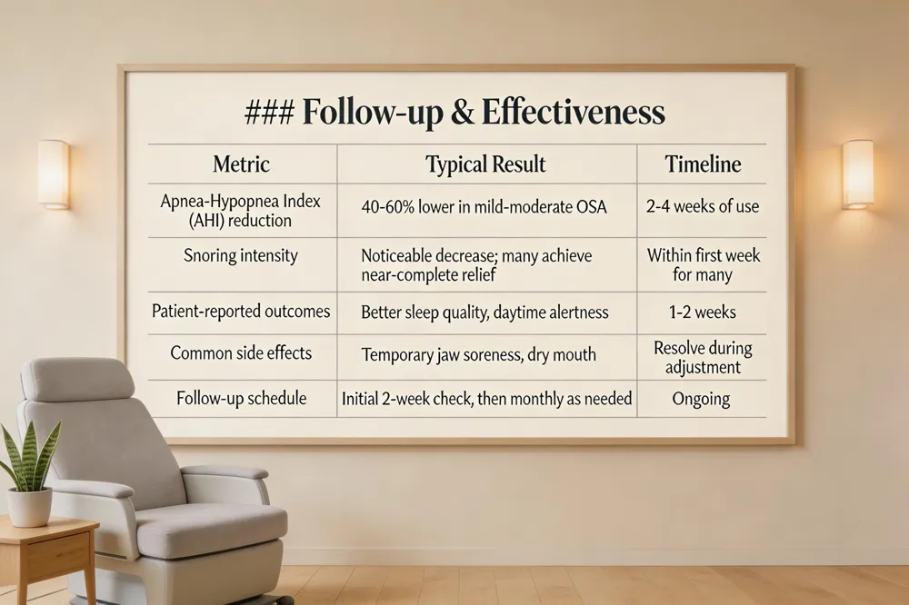 ### Follow‑up & Effectiveness
| Metric | Typical Result | Timeline |
|---|---|---|
| Apnea‑Hypopnea Index (AHI) reduction | 40‑60 % lower in mild‑moderate OSA | 2‑4 weeks of use |
| Snoring intensity | Noticeable decrease; many achieve near‑complete relief | Within first week for many |
| Patient‑reported outcomes | Better sleep quality, daytime alertness | 1‑2 weeks |
| Common side effects | Temporary jaw soreness, dry mouth | Resolve during adjustment |
| Follow‑up schedule | Initial 2‑week check, then monthly as needed | Ongoing |
| 