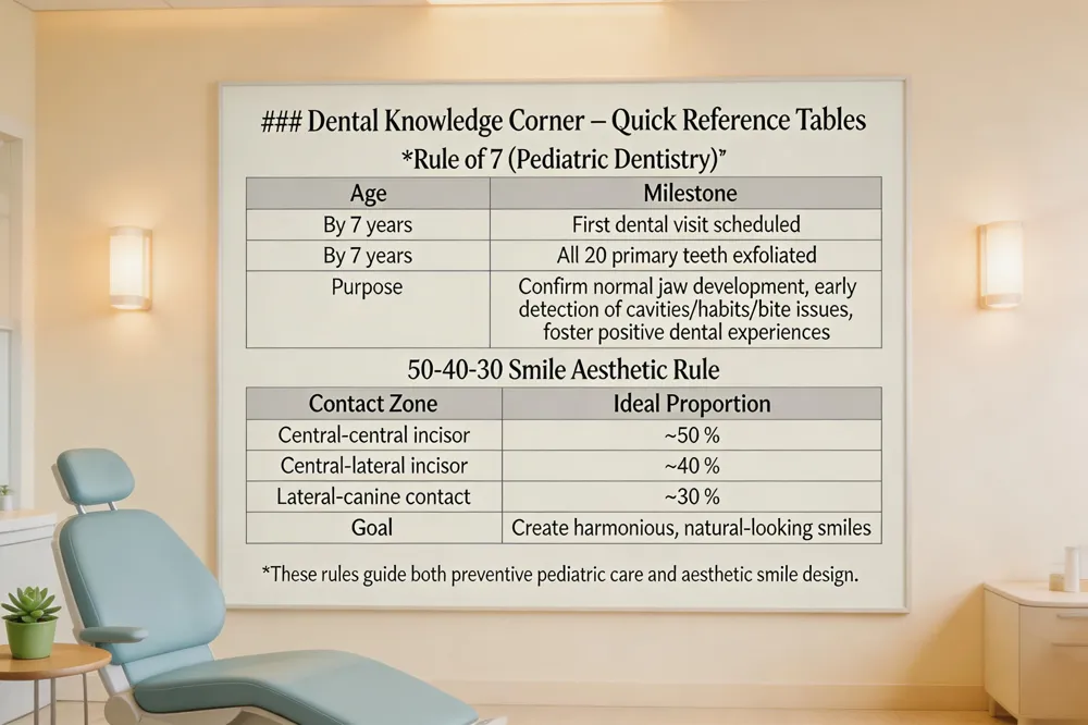 ### Dental Knowledge Corner – Quick Reference Tables
Rule of 7 (Pediatric Dentistry)
| Age | Milestone |
|---|---|
| By 7 years | First dental visit scheduled |
| By 7 years | All 20 primary teeth exfoliated |
| Purpose | Confirm normal jaw development, early detection of cavities/habits/bite issues, foster positive dental experiences |
50‑40‑30 Smile Aesthetic Rule
| Contact Zone | Ideal Proportion of Incisal Display |
|---|---|
| Central‑central incisor contact | ~50 % |
| Central‑lateral incisor contact | ~40 % |
| Lateral‑canine contact | ~30 % |
| Goal | Create harmonious, natural‑looking smiles |
These rules guide both preventive pediatric care and aesthetic smile design.