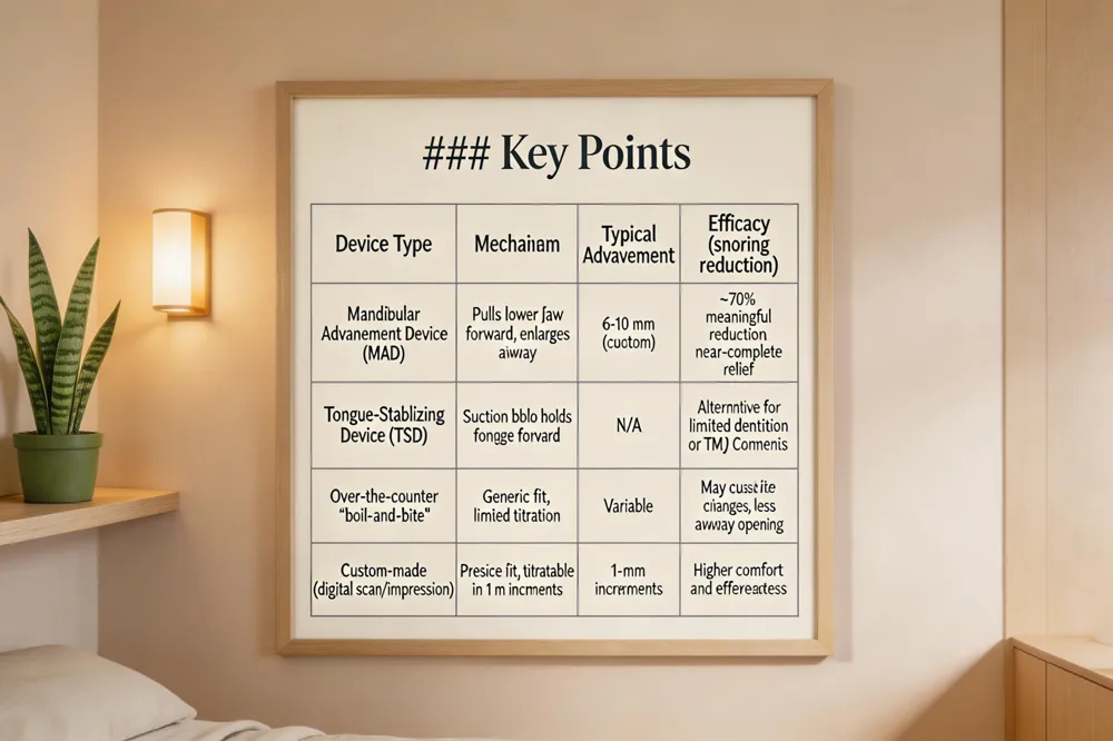 ### Key Points
| Device Type | Mechanism | Typical Advancement | Efficacy (snoring reduction) |
|---|---|---|---|
| Mandibular Advancement Device (MAD) | Pulls lower jaw forward, enlarges airway | 6‑10 mm (custom) | ~70 % experience meaningful reduction; 1/3 near‑complete relief |
| Tongue‑Stabilizing Device (TSD) | Suction bulb holds tongue forward | N/A | Alternative for limited dentition or TMJ concerns |
| Over‑the‑counter “boil‑and‑bite” | Generic fit, limited titration | Variable | May cause bite changes, less airway opening |
| Custom‑made (digital scan or impression) | Precise fit, titratable in 1 mm increments | 1‑mm increments | Higher comfort and effectiveness |
| 