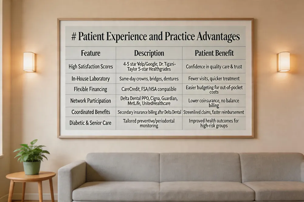 # Patient Experience and Practice Advantages
| Feature | Description | Patient Benefit |
|---|---|---|
| High Satisfaction Scores | 4‑5 star ratings on Yelp/Google; Dr. Tigani‑Taylor 5‑star on Healthgrades. | Confidence in quality of care and trust in the practice. |
| In‑House Laboratory | Same‑day crowns, bridges, dentures, and other restorations. | Fewer visits, quicker treatment completion, better use of PPO maximum. |
| Flexible Financing | CareCredit, FSA/HSA compatibility. | Easier budgeting for out‑of‑pocket expenses. |
| Network Participation | In‑network provider for Delta Dental PPO, Cigna, Guardian, MetLife, UnitedHealthcare. | Lower coinsurance, no balance billing, broader insurer acceptance. |
| Coordinated Benefits | Handles secondary insurance billing after primary Delta Dental payment. | Streamlined claims process and faster reimbursement. |
| Diabetic & Senior Care | Tailored preventive schedules and periodontal monitoring. | Improved health outcomes for high‑risk populations. |
| 