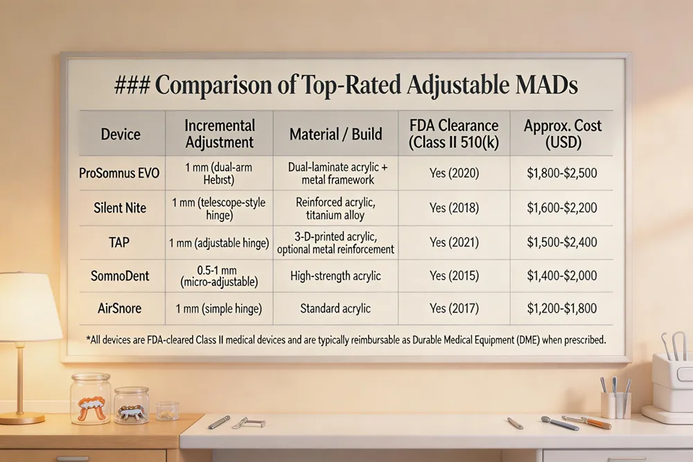 ### Comparison of Top‑Rated Adjustable MADs
| Device | Incremental Adjustment | Material / Build | FDA Clearance (Class II 510(k)) | Approx. Cost (USD) |
|---|---|---|---|---|
| ProSomnus EVO | 1 mm (dual‑arm Herbst) | Dual‑laminate acrylic + metal framework | Yes (2020) | $1,800‑$2,500 |
| Silent Nite | 1 mm (telescope‑style hinge) | Reinforced acrylic, titanium alloy | Yes (2018) | $1,600‑$2,200 |
| TAP | 1 mm (adjustable hinge) | 3‑D‑printed acrylic, optional metal reinforcement | Yes (2021) | $1,500‑$2,400 |
| SomnoDent | 0.5‑1 mm (micro‑adjustable) | High‑strength acrylic | Yes (2015) | $1,400‑$2,000 |
| AirSnore | 1 mm (simple hinge) | Standard acrylic | Yes (2017) | $1,200‑$1,800 |
All devices are FDA‑cleared Class II medical devices and are typically reimbursable as Durable Medical Equipment (DME) when prescribed. 
