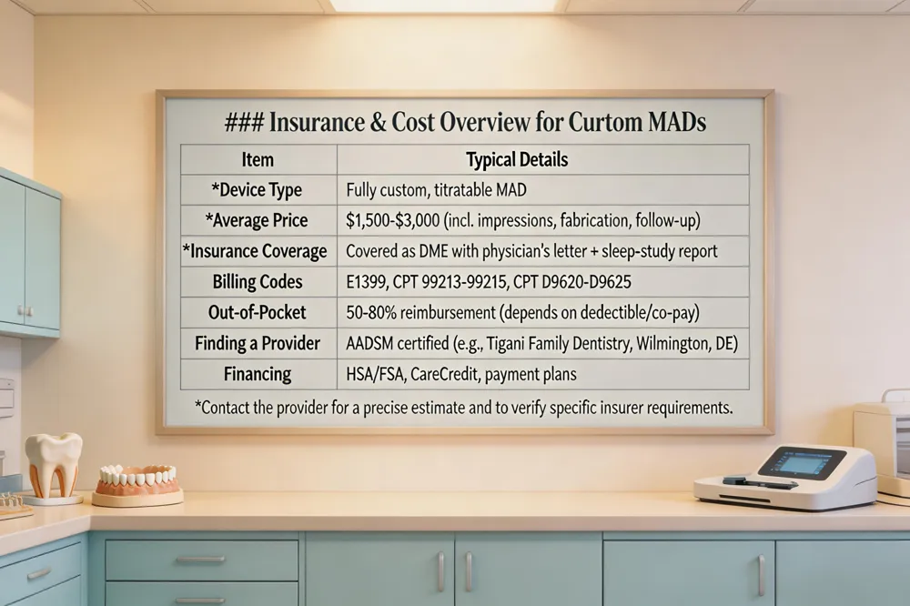 ### Insurance & Cost Overview for Custom MADs
| Item | Typical Details |
|---|---|
| Device Type | Fully custom, titratable MAD |
| Average Price | $1,500‑$3,000 (incl. impressions, fabrication, follow‑up) |
| Insurance Coverage | Often covered as Durable Medical Equipment (DME) when a physician’s letter of medical necessity and sleep‑study report are provided |
| Common Billing Codes | DME codes: E1399 (miscellaneous DME), CPT 99213‑99215 for evaluation, CPT D9620‑D9625 for appliance fabrication |
| Out‑of‑Pocket | Depends on deductible, co‑pay, and prior‑authorization; many plans reimburse 50‑80 % of the cost |
| Finding a Provider | Look for dentists with AADSM certification, in‑house digital lab, and DME enrollment (e.g., Tigani Family Dentistry, Wilmington, DE) |
| Financing Options | HSA/FSA eligible, payment plans, or third‑party medical credit (e.g., CareCredit) |
Contact the provider for a precise estimate and to verify specific insurer requirements. 