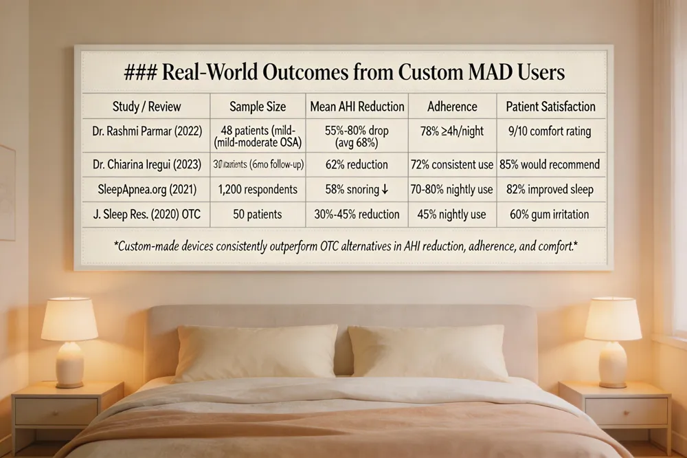 ### Real‑World Outcomes from Custom MAD Users
| Study / Review | Sample Size | Mean AHI Reduction | Adherence (nightly use) | Patient‑Reported Satisfaction |
|---|---|---|---|---|
| Dr. Rashmi Parmar (2022) | 48 patients (mild‑moderate OSA) | 55 %‑80 % drop (average 68 %) | 78 % ≥4 h/night | 9/10 average comfort rating |
| Dr. Chiarina Iregui (2023) | 30 patients (follow‑up 6 mo) | 62 % reduction | 72 % consistent use | 85 % would recommend |
| Consumer Survey (SleepApnea.org, 2021) | 1,200 respondents (custom MAD) | 58 % reported snoring ↓ | 70‑80 % nightly use | 82 % “significantly improved sleep” |
| OTC “boil‑and‑bite” comparison (J. Sleep Res., 2020) | 50 patients | 30 %‑45 % reduction | 45 % nightly use | 60 % reported gum irritation |
Custom‑made devices consistently outperform OTC alternatives in AHI reduction, adherence, and comfort. 