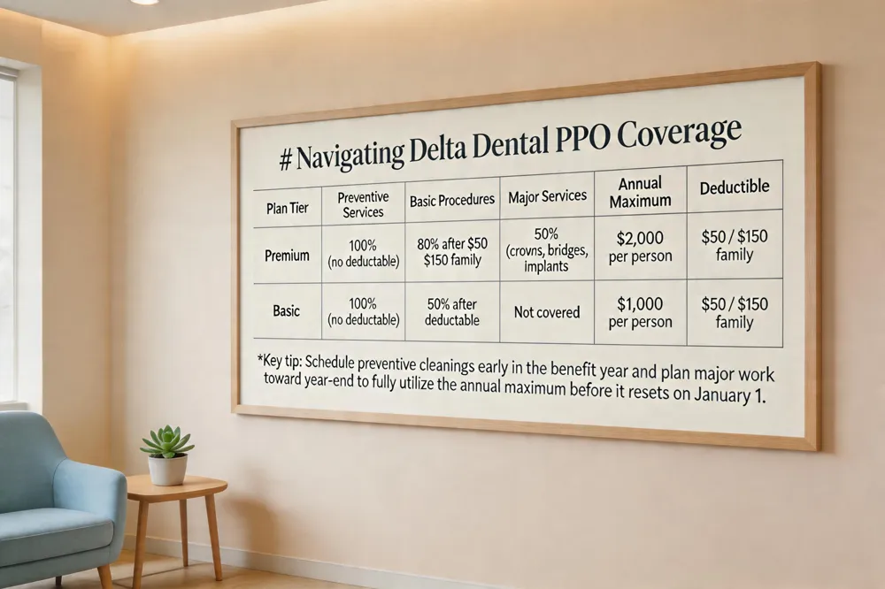 # Navigating Delta Dental PPO Coverage
| Plan Tier | Preventive Services | Basic Procedures | Major Services | Annual Maximum | Individual Deductible |
|---|---|---|---|---|---|
| Premium | 100 % (no deductible) | 80 % after $50 individual / $150 family deductible | 50 % after deductible (covers crowns, bridges, implants) | $2,000 per person | $50 person / $150 family |
| Basic | 100 % (no deductible) | 50 % after deductible | Not covered | $1,000 per person | $50 person / $150 family |
Key tip: Schedule preventive cleanings early in the benefit year and plan major work toward year‑end to fully utilize the annual maximum before it resets on January 1.