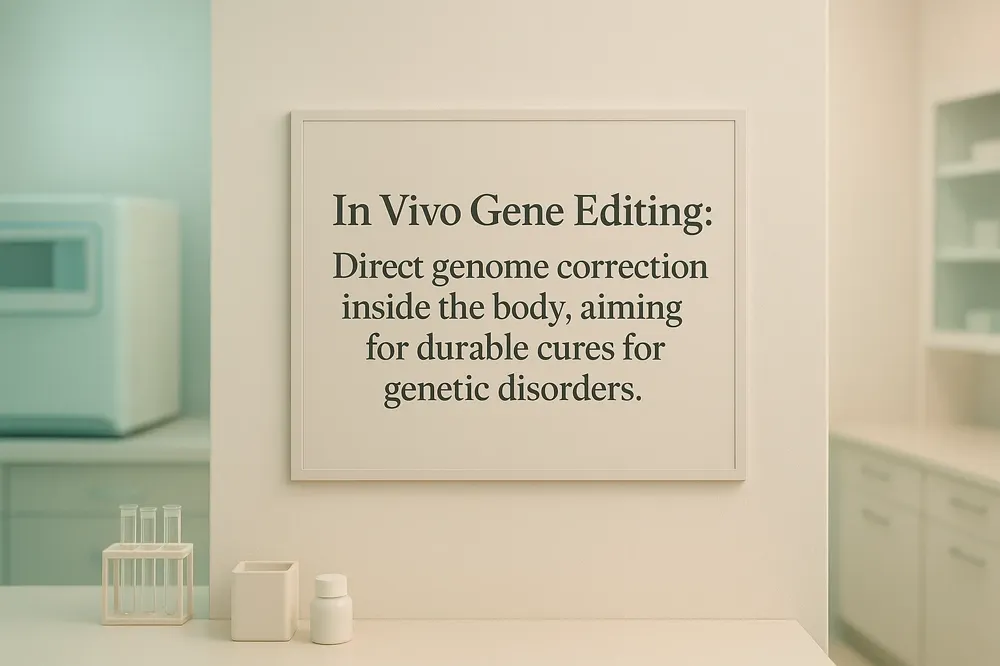 In Vivo Gene Editing: Direct genome correction inside the body, aiming for durable cures for genetic disorders.