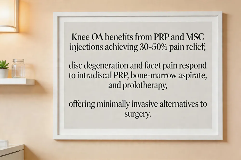 Knee OA benefits from PRP and MSC injections achieving 30‑50% pain relief; disc degeneration and facet pain respond to intradiscal PRP, bone‑marrow aspirate, and prolotherapy, offering minimally invasive alternatives to surgery.