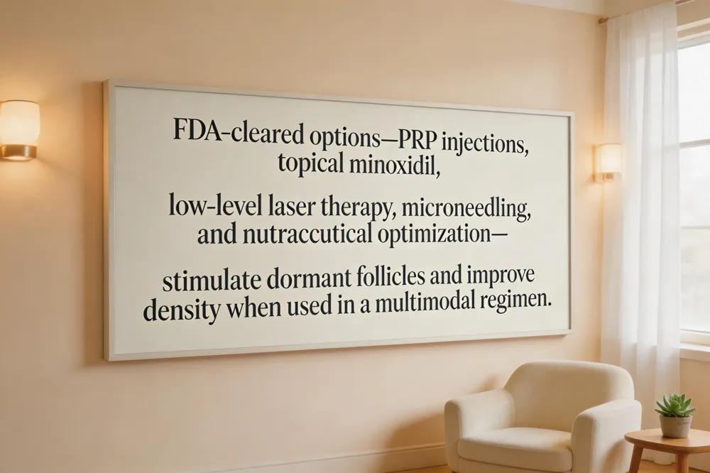 FDA‑cleared options—PRP injections, topical minoxidil, low‑level laser therapy, microneedling, and nutraceutical optimization—stimulate dormant follicles and improve density when used in a multimodal regimen.